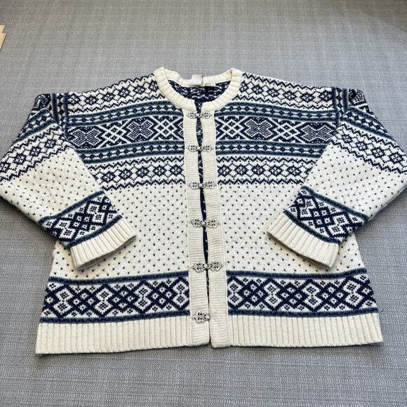 Nordic Fair Isle Sweater XL Blue Cream‎ Metal Clasps Ski Cottagecore Cozy Wool * - Picture 1 of 9